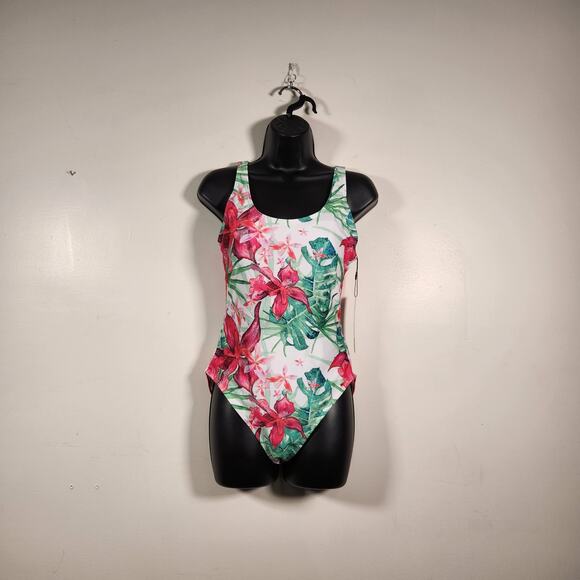 NICOLE MILLER Scoop Back Swimsuit Womens M Lagoon Floral Red Green Tropical NEW - Picture 1 of 12